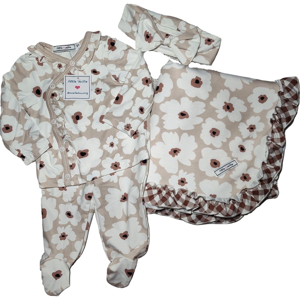Little Millie 4pc Baby‎ Girl 3 Mos Brown Flower Blanket Outfit Headband Ruffled